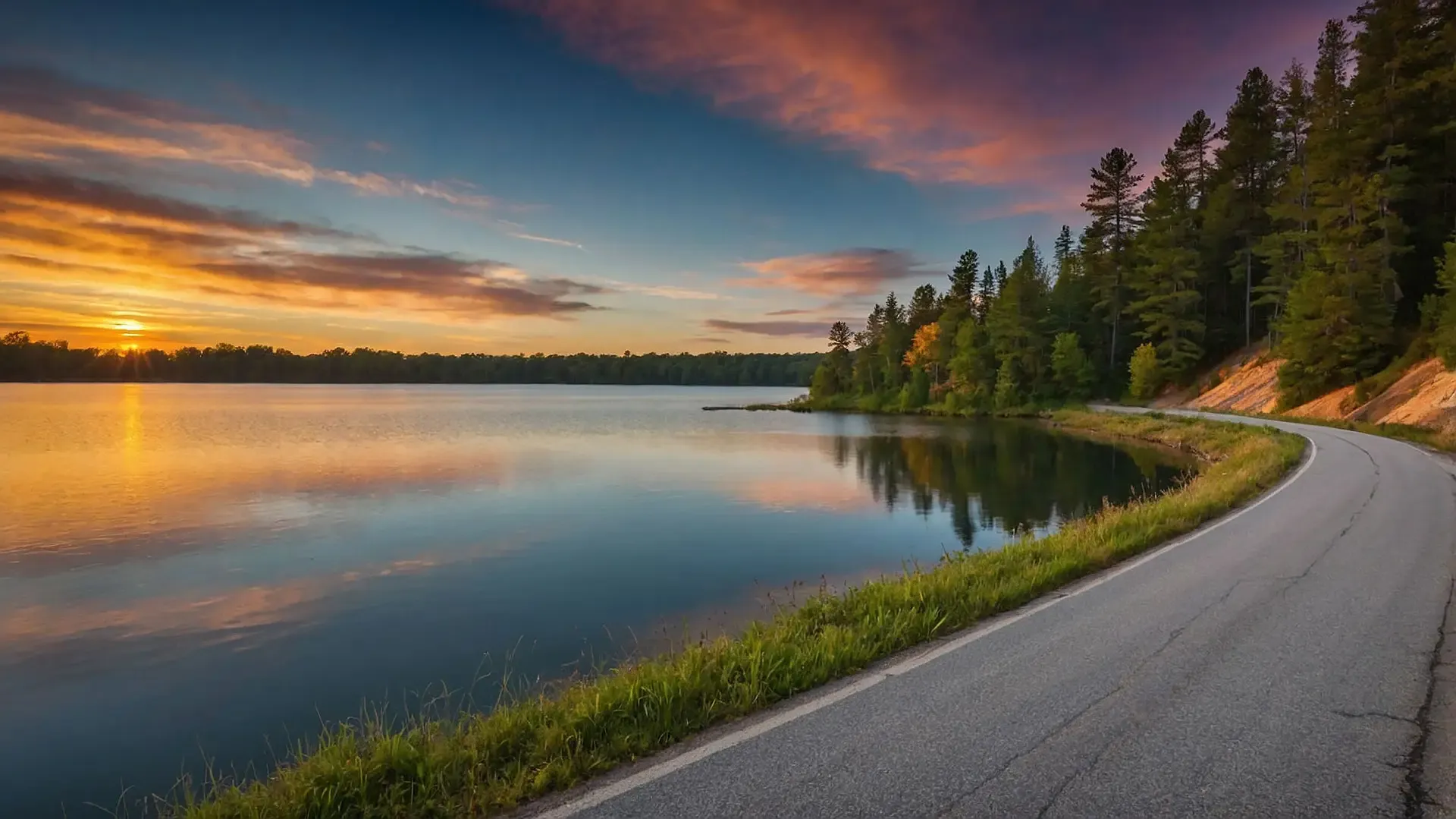 A serene road winding towards a tranquil lake, illuminated by the warm hues of a sunset.